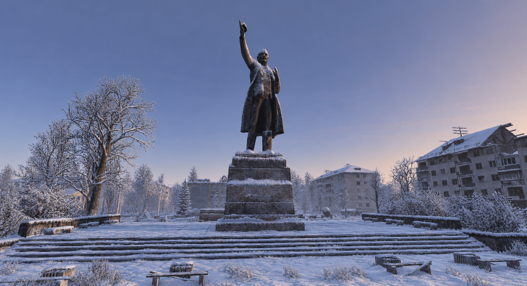 Заснеженная площадь заброшенного города